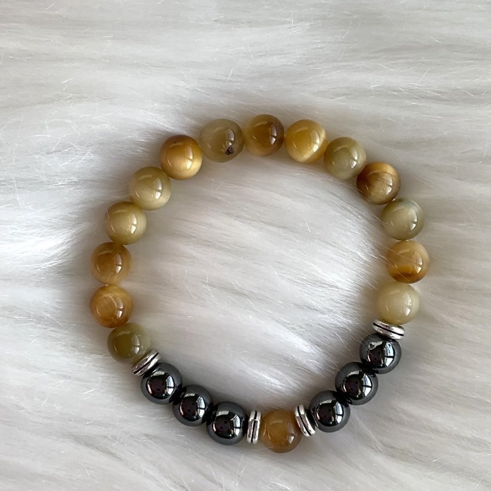 Natural Tiger's Eye & Hematite Crystal Bead Bracelet | Grounding Stretch Jewelry